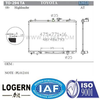 Engine Cooling Auto Radiator for Toyota Highlander&prime;08- at/PA16