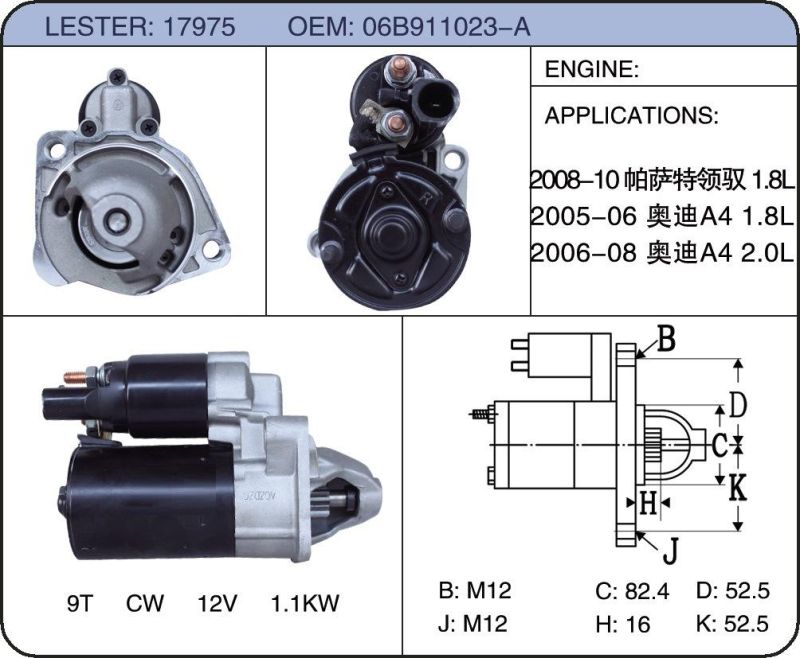 Auto Starter Car Motor for VW Passat, Audi A4, 06b911023-a