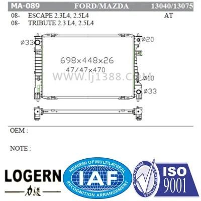 Car Radiator for Mazda Escape/Tribute 2.3L4, 2.5L4&prime;08- at Dpi: 13040/13075