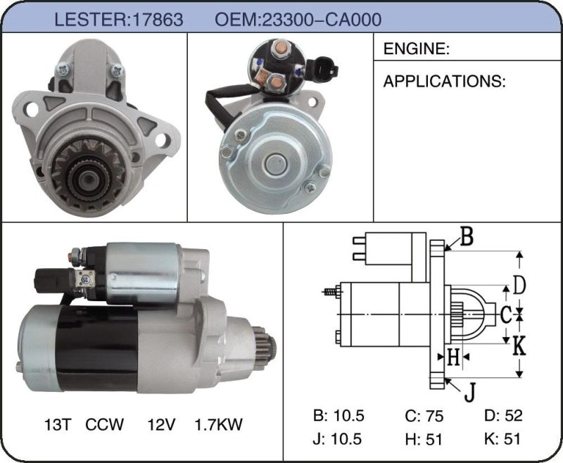 23300-Ca000 for Nissan Murano 2.5L 2003-2007 1.7kw/12V 12t Cw Quality Starter Motor Wholesale