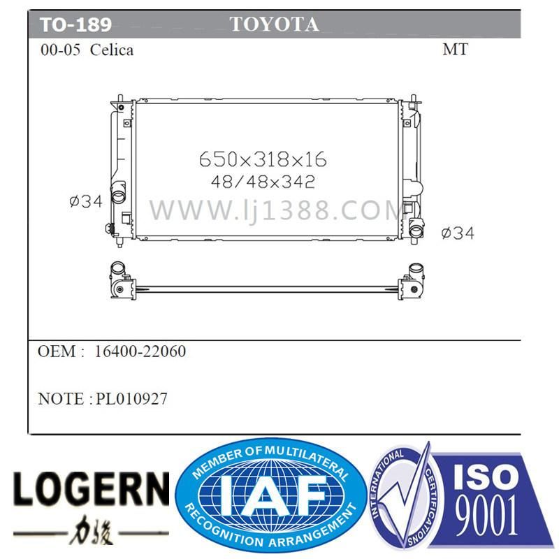 to-189 Auto Radiator for Toyota 00-05 Celica Mt/OEM: 16400-22060