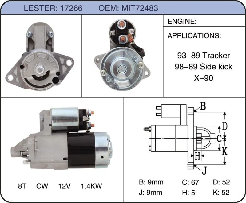 12V Car Starter Motor for Suzuki M1t72483 Mda-128-69