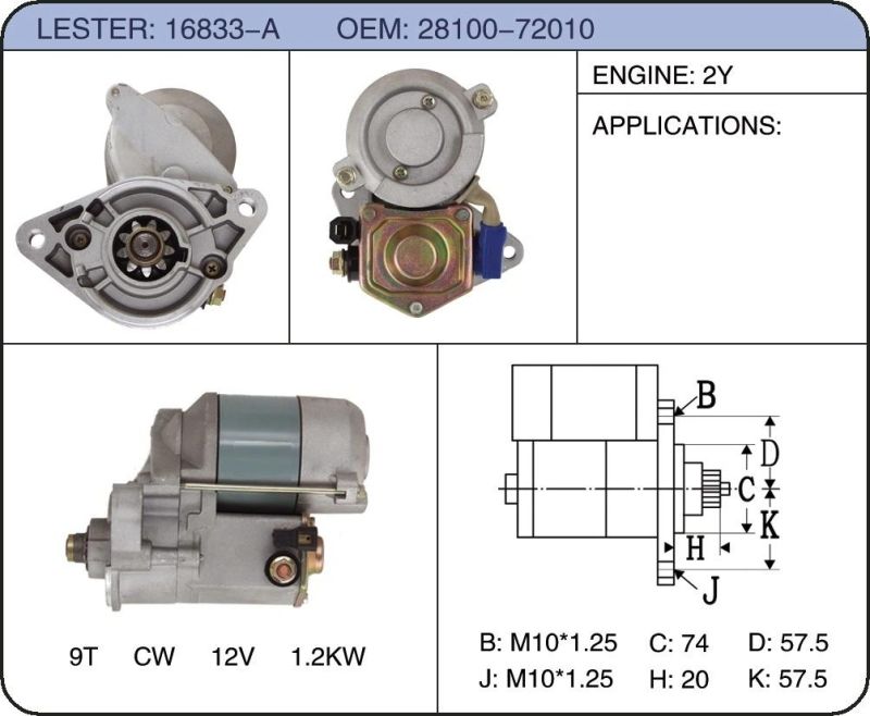 Starter Motor for Toyota 28100-72010