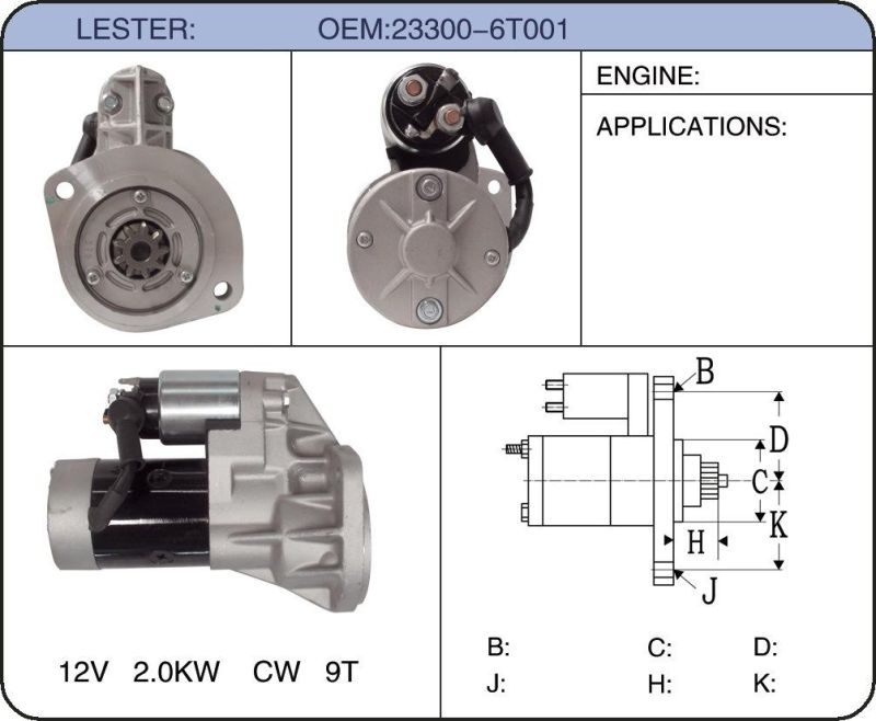 Auto Starter Motor for Nissan 23300-6t001 23300-80g00 S13-106A