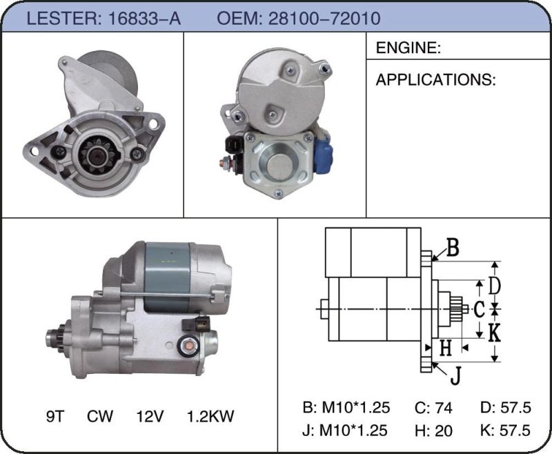 Engine Parts Auto Starter for Toyota 28100-72020 Zl-St020