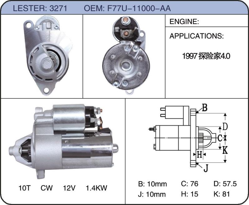 Starter Motor F77u-11000-AA Fits Aerostar Explorer Ranger