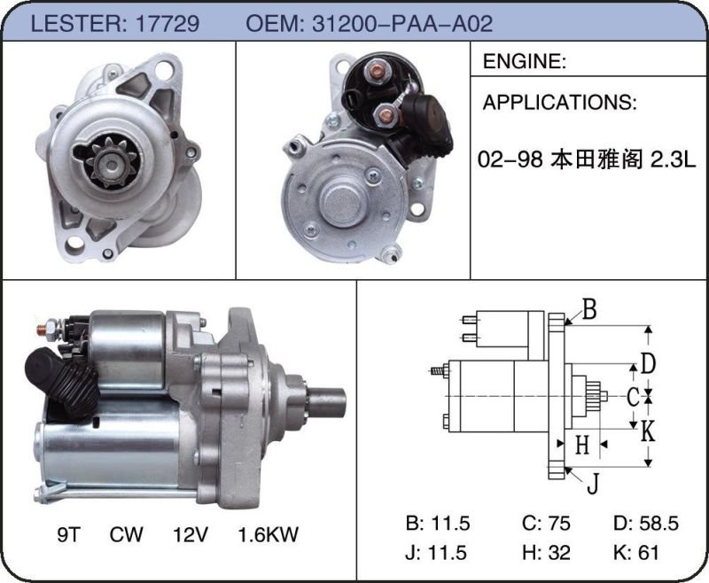 Hot Sell Starter for Japan Car Hondaa Accordd 2.3L OE 31200-PAA-A02 Rebuilt Starter Made in China