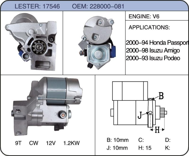 Starter Motor for Isuzu Honda 228000-081 8-94384-314-1