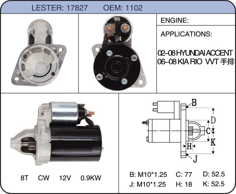 Engine Starter Motor 6927 36100-22855 36100-22805 Mda-1107-69 for Hyundai