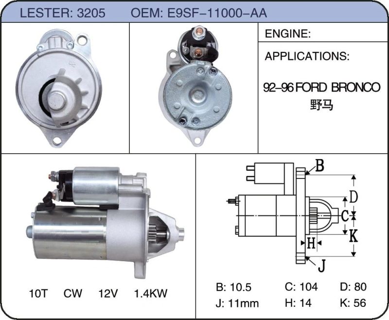 12V Car Starter Motor for Ford Bronco E9sz-11002-a