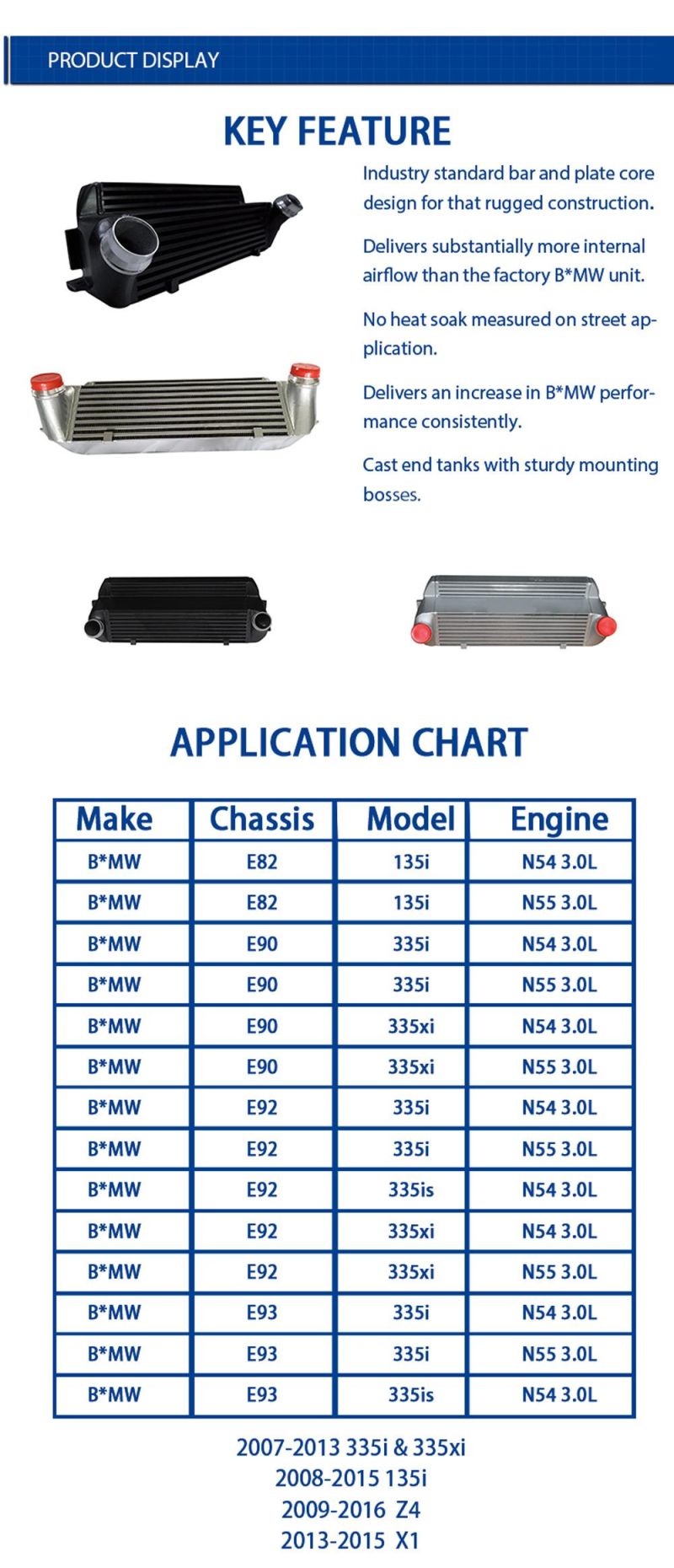 Industrial Air Cooler Auto Engine Intercooler for E92 E90 07 08 09 10 N54 N75 BMW
