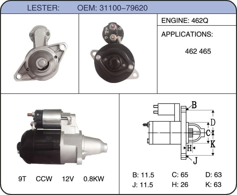 12V Car Starter Auto Part Starter Motor for Suzuki Engine 462q 31100-79620 31100-79610 Qd1121b 31100-85020