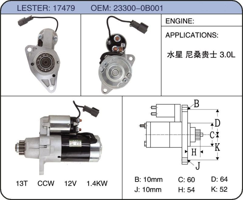 New Hnrock 12V Starter Motors 23300-0b001 17479 for Nissan