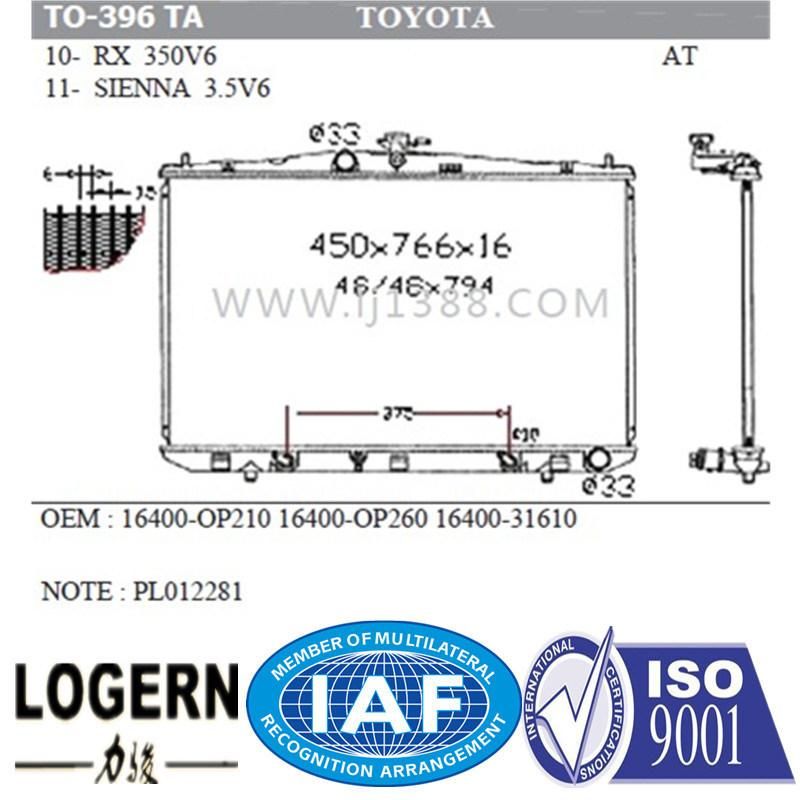 to-396ta Radiator for Toyota Sienna 3.5′11-12/10- Rx 350V6 at