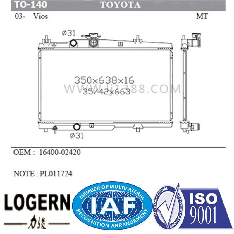 Automobile Aluminum Radiator for Toyota Vios′02 Mt