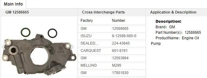 Auto Parts Oil Pump for Chevrolet/B Uick/Cadillac M295 OEM 12563964 12606311 22443645 12586665 8125866650