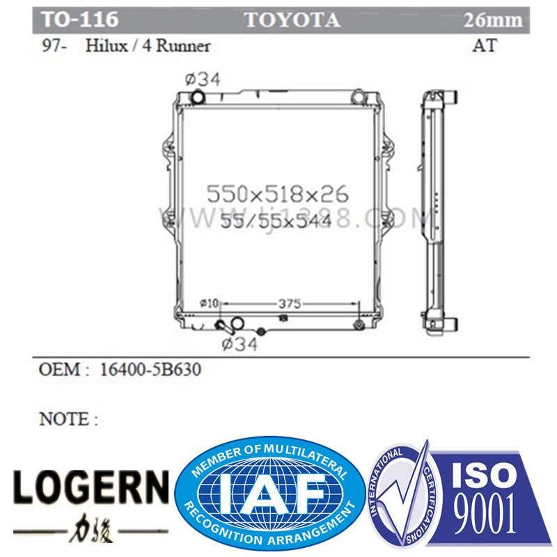 to-116 Car Spare Aluminum Radiator for Toyota Hilux/4 Runner′97-01 at/PA26