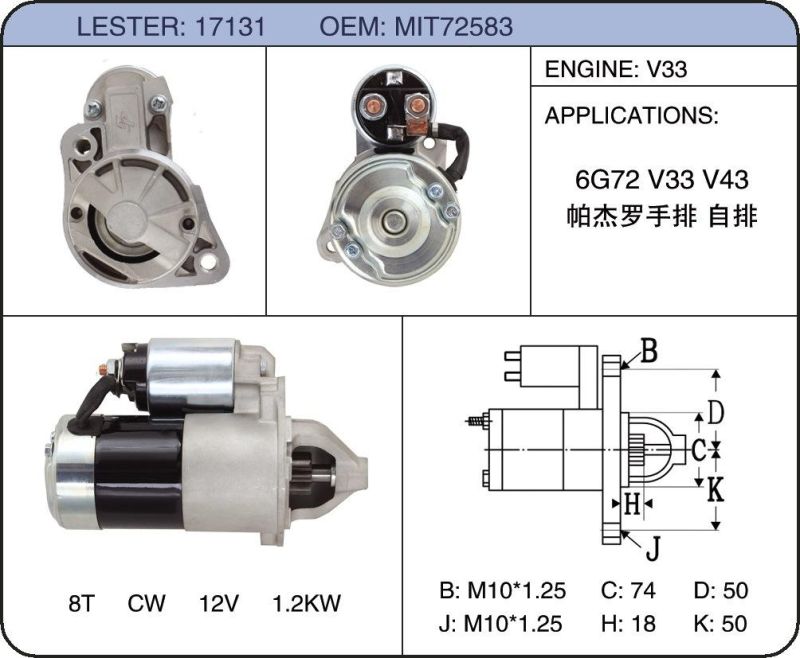 Car Starter MD313327 36100-35050 M1t72583 Fits Mitsubishi