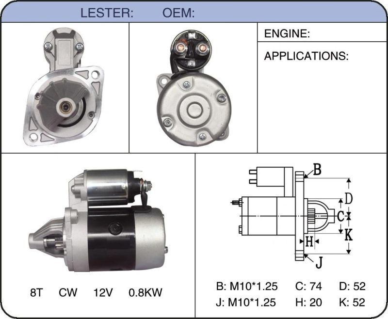 Starter Motor for Mazda 16527 8088-18-400A/16537 He66-18-400