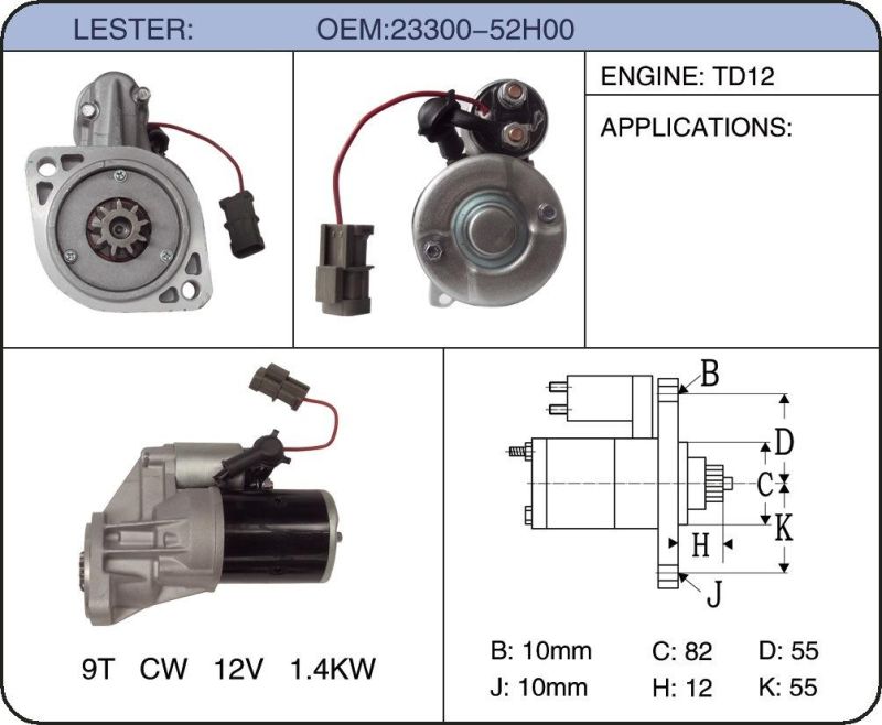 High Performance Auto Starter Motor for Japan Cars 23300-03j05 23300-03j00 Yh-Stnskc003 23300-52h00