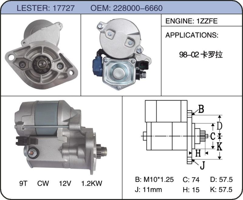 Good Price 228000-6660 Motor Starter for Toyota Corolla 98-02