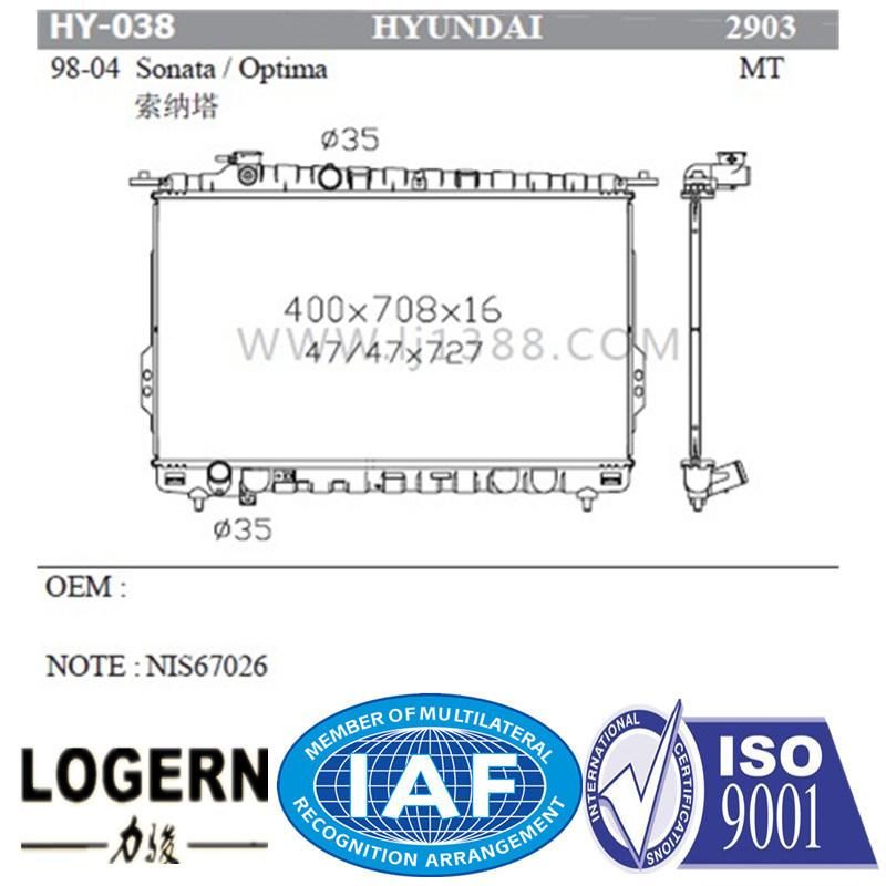 Dpi: 2903 for Hyundai Sonata/Optima′98-04 Mt/PA16 Auto Radiator