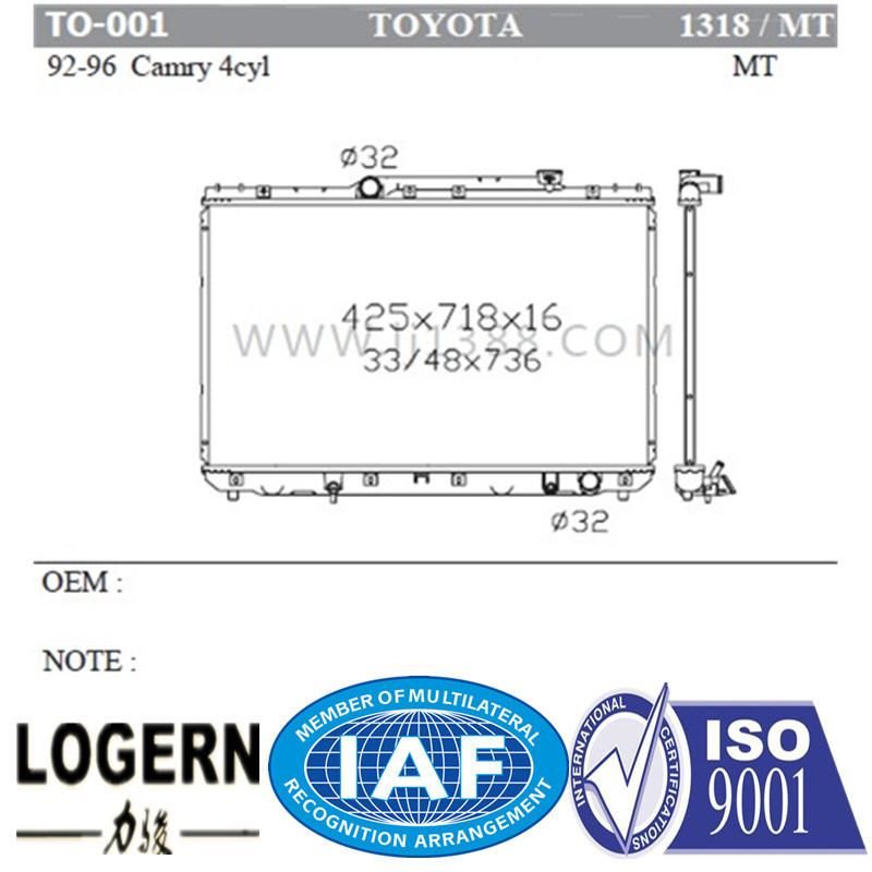 to-001 Auto Radiator for Toyota 92-96 Camry 4cyl Mt