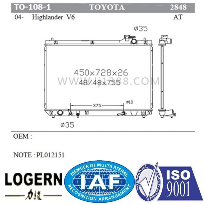 to-108-1 Car Aluminum Radiator for Toyota Highlander V6 ′04-at/PA26 Dpi: 2848