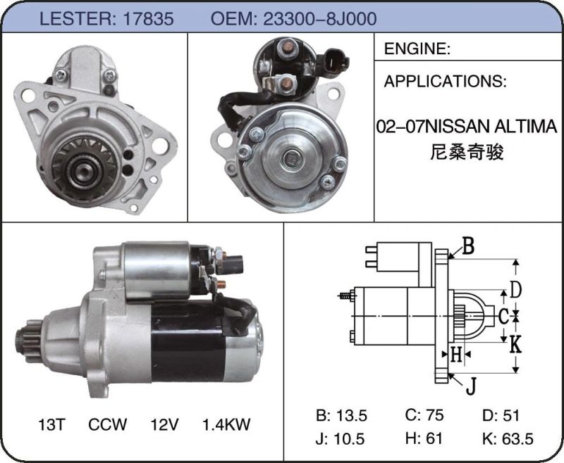 23300-8j000 for Nissan with 1.4kw/12V 13t Cw Hot-Selling Starter Motor Supplier