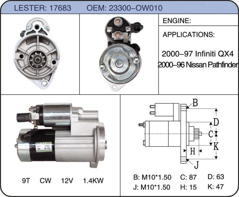 Part Starter Motor for Pathfinder 2000 3.3L 3.3 V6 17683 23300-0W010 23300-0W011