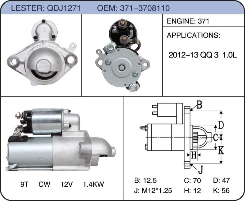 Auto Starter Mitsubishi Motors for 2012-13 Chery QQ 3 1.0L Qdj1271 Mda-1174-69