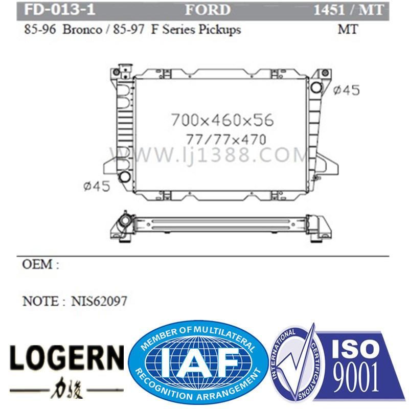 Fd-013-1 Auto Radiator for Ford Bronco′85-96/F Series Pickups′85-97 Mt Dpi: 1451