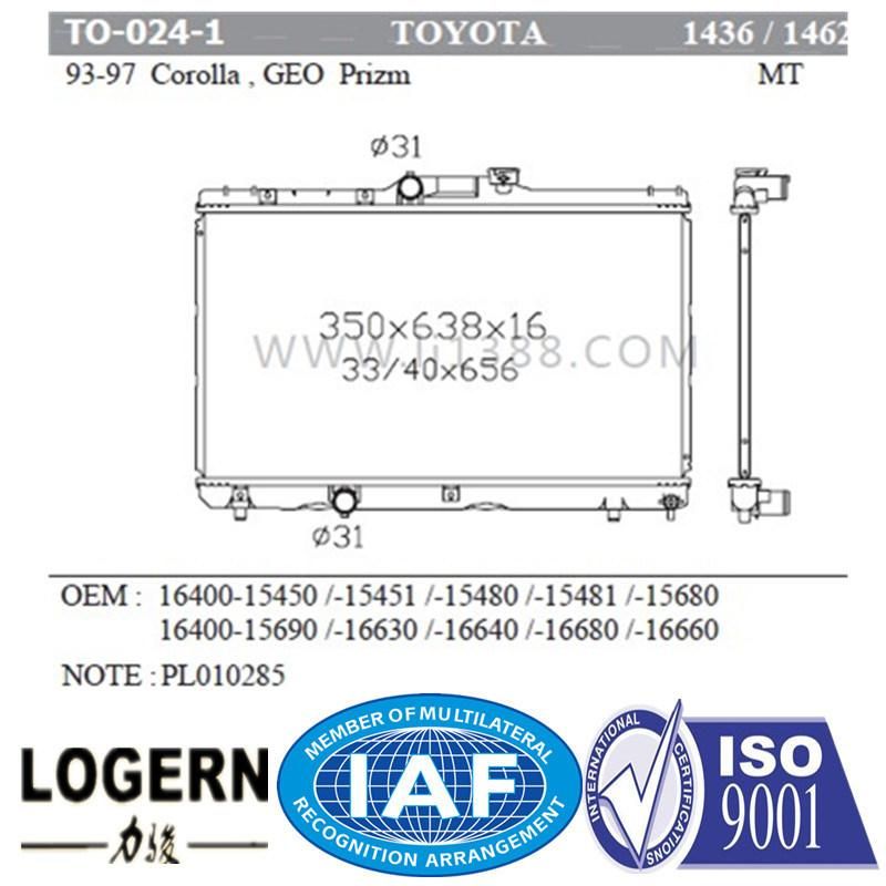 to-024-1 Car Radiator for Toyota Corolla/Geo Prizm′93-97 Mt Dpi 1436/1462