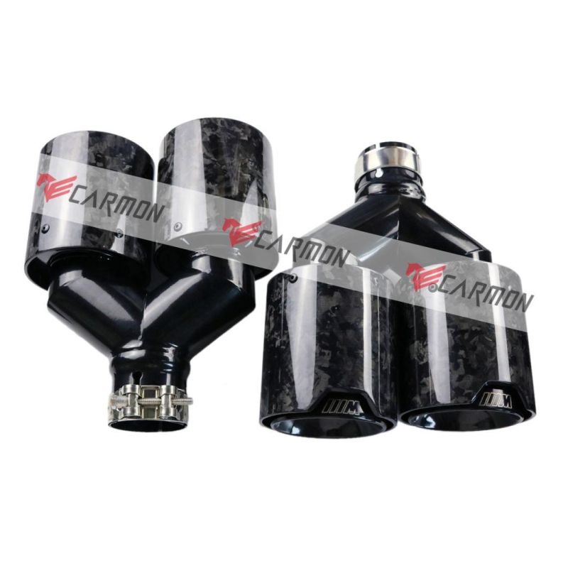 1 Pair Dual Tip Gloss Forged Carbon Fiber Exhaust Tip with Gloss Black SUS 304 Inner Pipe for BMW