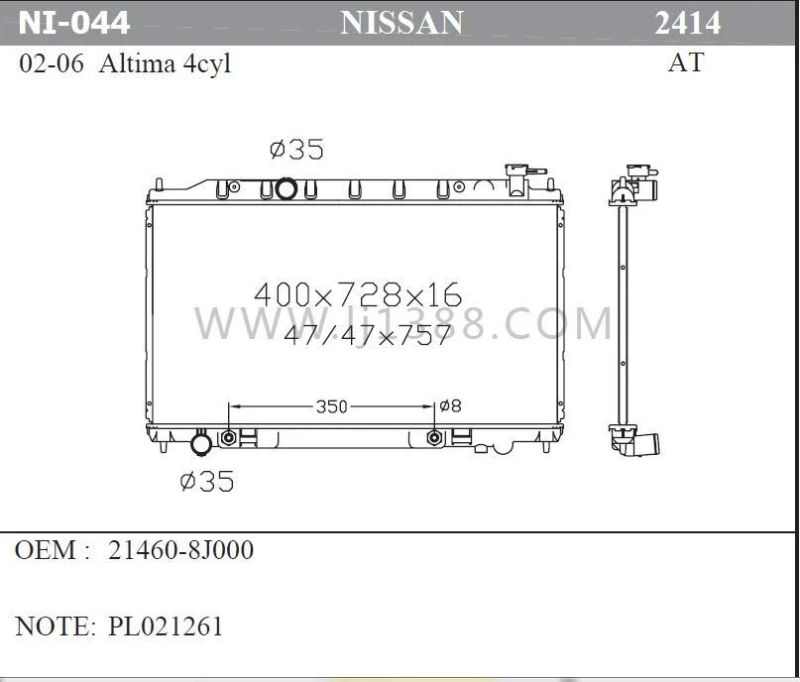 Ni-044 Cooling Enigne Auto Radiator for Nissan Altima 4cyl′2002-2006