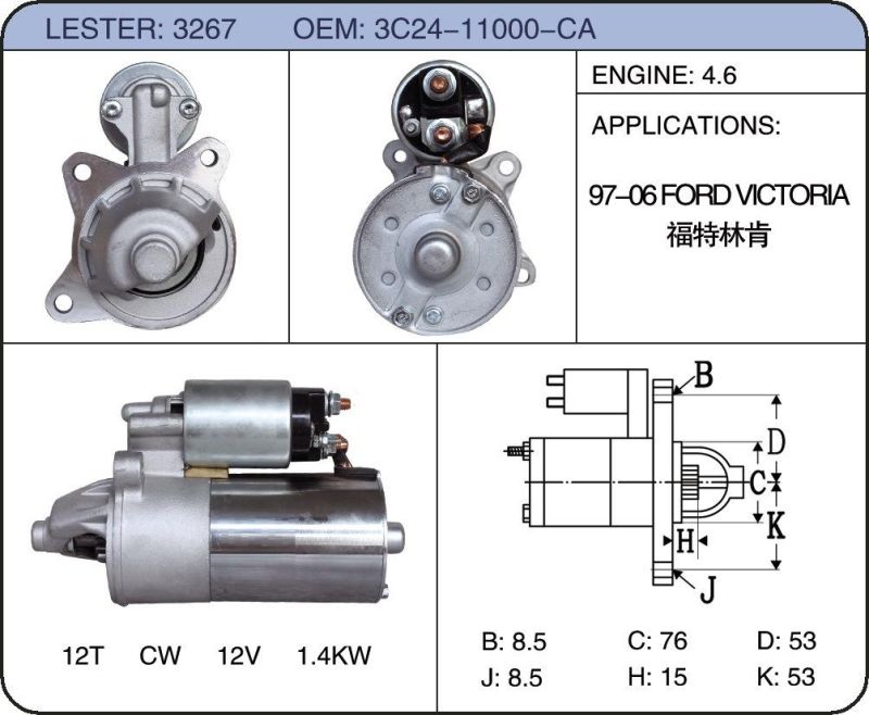 Engine Parts Auto Starter Motor Car for Ford Lincoln SA-789 3221 SA-848 3267 3c24-11000-Ca