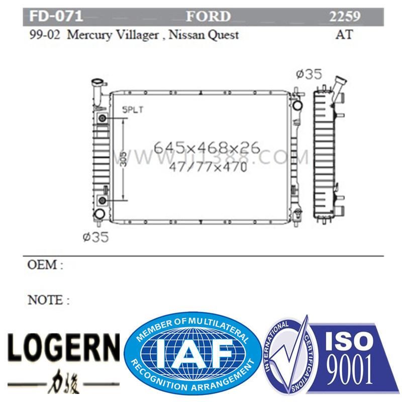 Fd-071 Radiator for Ford Mercury Villager/Nissan Quest′99-02 at Dpi: 2259
