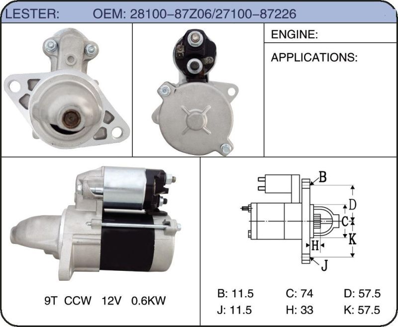 Motors Car Park Auto Starter 28100-87226 28100-87z06