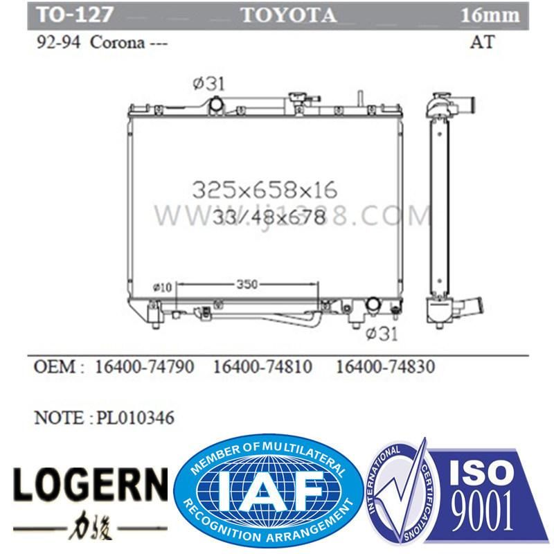 to-127 Radiator for Toyota 92-94 Corona at/OEM: 16400-74790