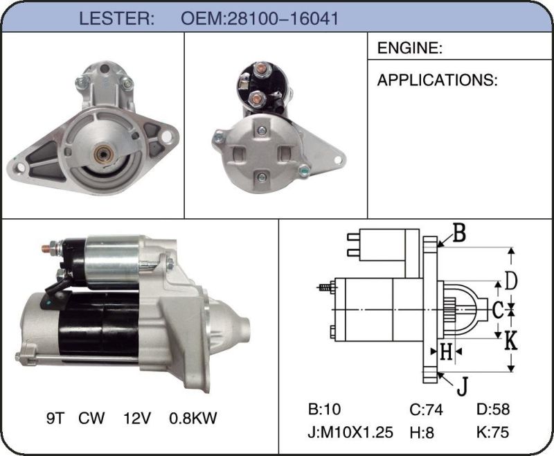 High Quality Starter Motor for Toyota28100-16070 128000-6230 28100-16041 28100-16230