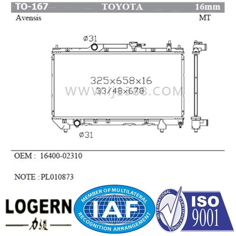 Auto Engine Structure Radiator for Toyota Avensis Mt/PA16
