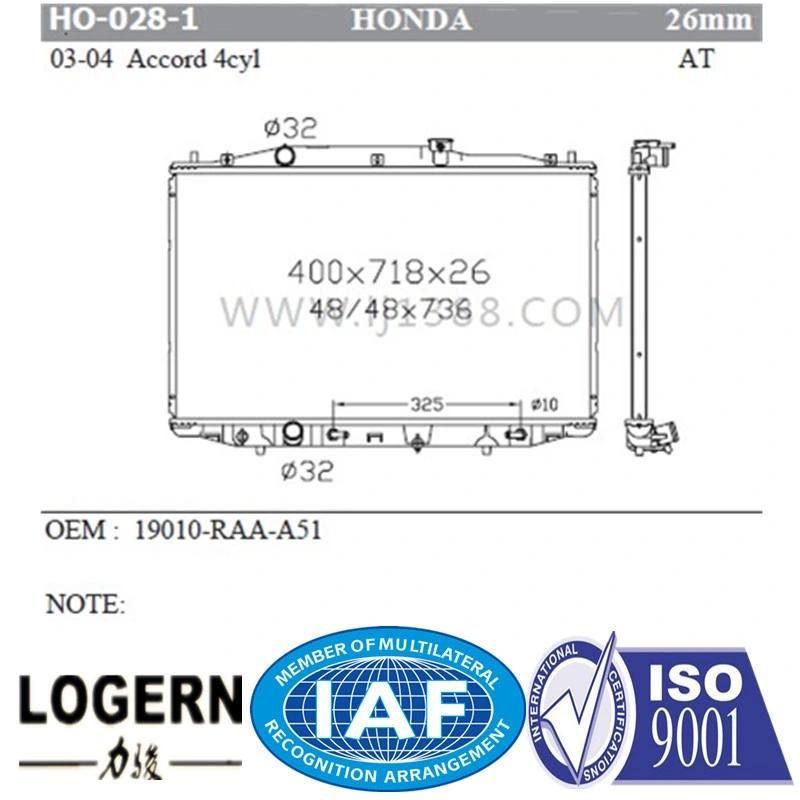 Ho-028-01 Cooling Machine Aluminum Radiator for Honda Accord 4cyl′03-04 Mt/PA26 Dpi: 2569